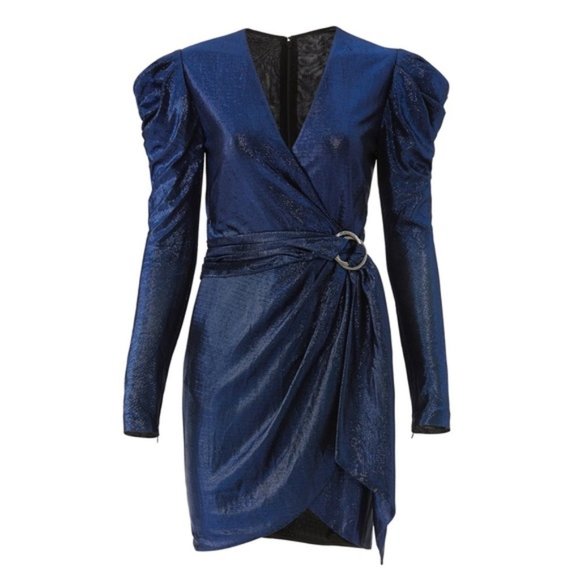 Jonathan Simkhai Metallic Blue Wrap Puff Sleeve Dress (M) - Picture 11 of 11